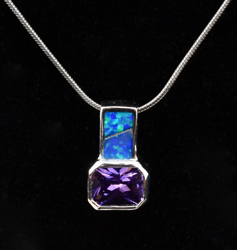 Trendy Layered Silver Necklace For Chic Look-Amethyst and Opal Sterling Silver Pendant on Sterling Silver Chain