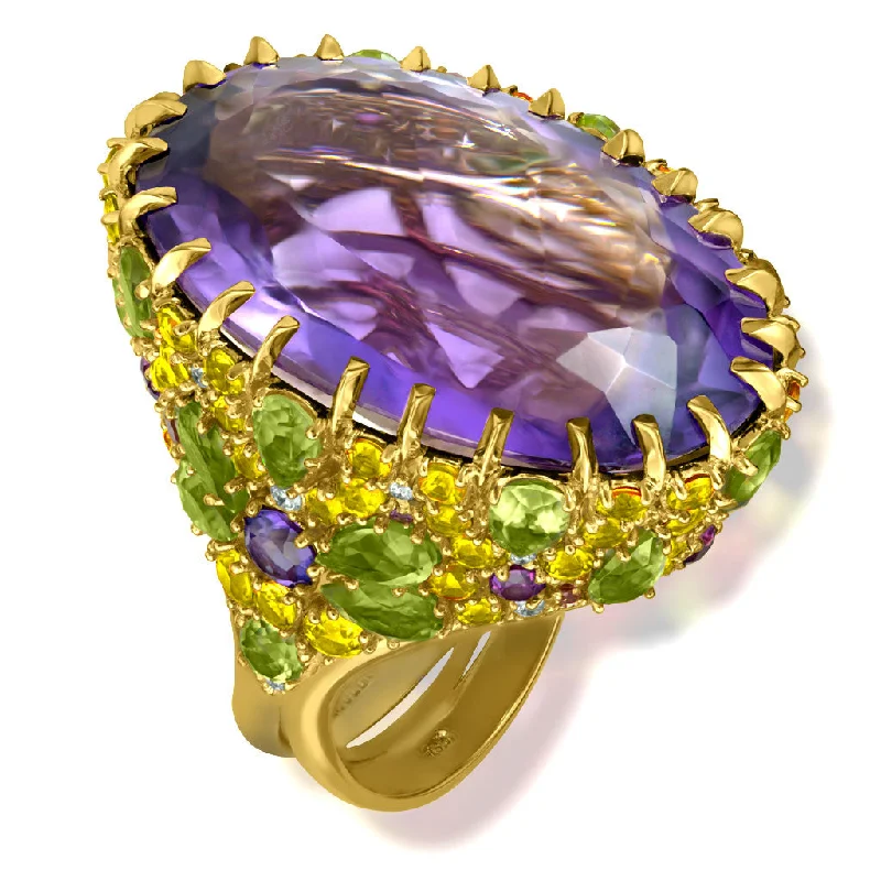 Elegant Silver Rings For Fashionistas-Gold Blossom Ring with Light Amethyst & Peridot