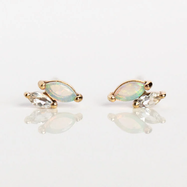 Designer Earrings With Diamonds For Gifts-Solid Gold Opal and White Topaz Marquise Studs