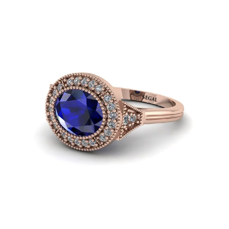 Classic Rose Gold Rings For Elegant Style-Oval Cut Sapphire Milgrain Halo Engagement Ring - Alexandria No. 14