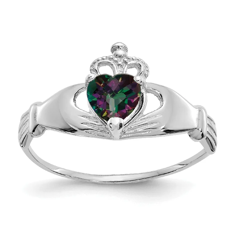 Custom Engagement Rings For Her Birthday-14k White Gold June Rainbow Mystic CZ Heart Claddagh Ring