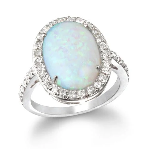 Custom Men’s Rings For Special Celebrations-Sterling Silver CZ 12x10mm Oval Created White Opal Ring - Size 7