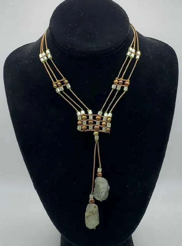 Bold Gold Necklace For Fashion Week-Handmade Prehnite with Epidote Drop Pendant Beaded with Pearls Necklace