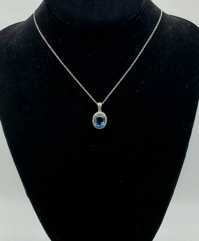 Trendy Beaded Necklace For Holiday Wear-Blue and Colorless Topaz Sterling Silver Pendant Chain Necklace - 18"