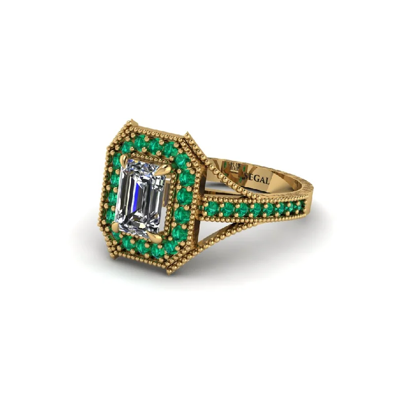 Simple Gold Rings For Minimalist Brides-Emerald Cut Emerald Milgrain Halo Engagement Ring - Xanthe No. 16