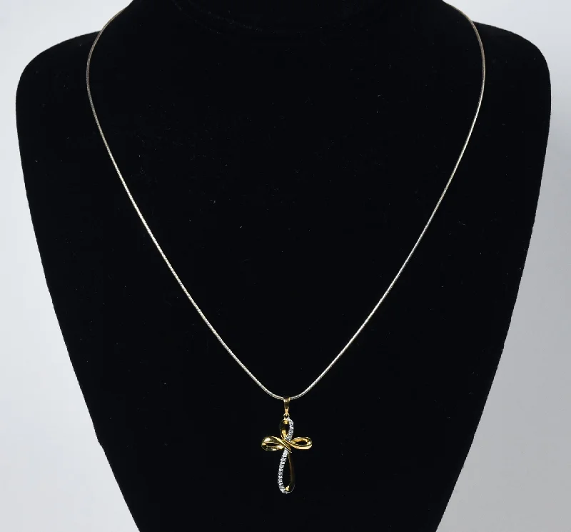 Classic Pearl Necklace For Bridesmaids-Gold Plated Sterling Silver Diamond Twisted Cross Pendant on Sterling Silver Chain Necklace