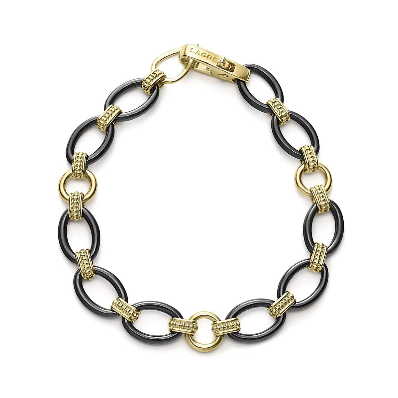 Thick Silver Bracelets-18k Gold and Black Ceramic Link Bracelet