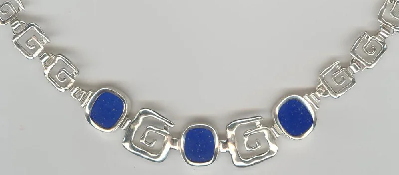 Custom Family Name Necklace For Mothers-Greek Key Meander Necklace in Sterling Silver with lapis lazuli (PE-19)