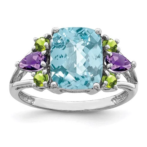 Classic Diamond Rings For Special Gifts-Sterling Silver Ant. Cushion Swiss Blue Topaz, Amethyst & Peridot Ring