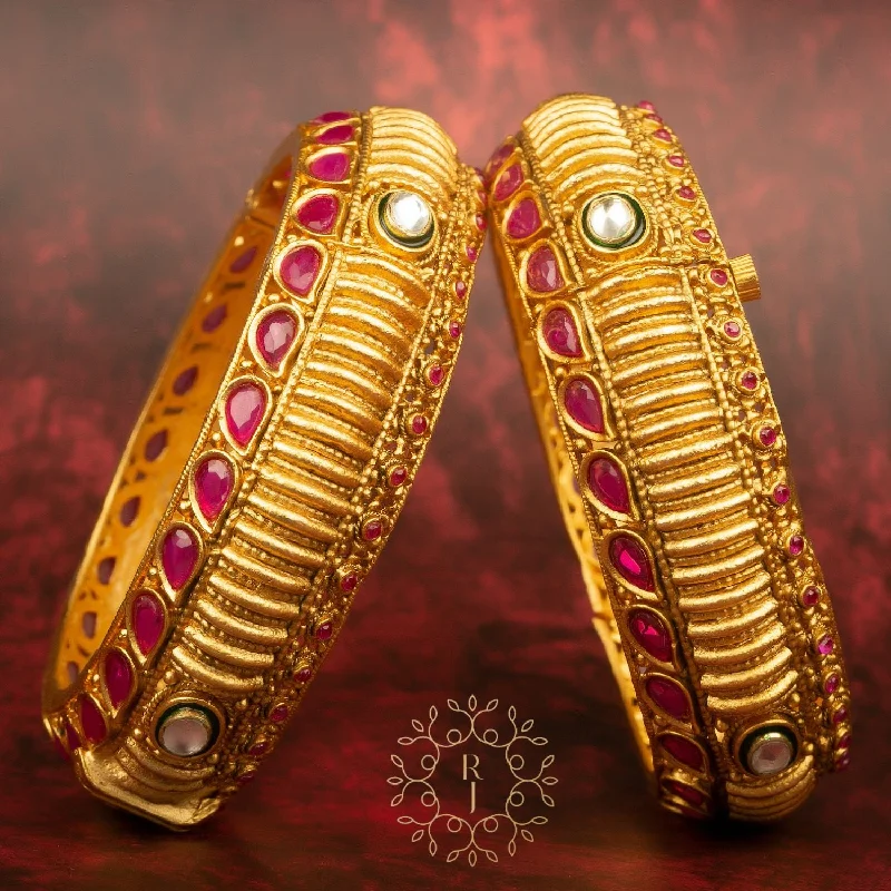 Simple Gold Bangles For Timeless Weddings-Raddhi Jewels Designer Premium Quality Rajwadi Gold Plated Brass Openable Kada/Bangles Set