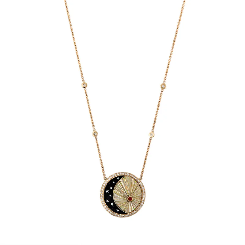 Simple Gold Necklace For Fashionable Look-SMALL PAVE ROUND ONYX STAR CRESCENT + OPAL RAYS INLAY NECKLACE