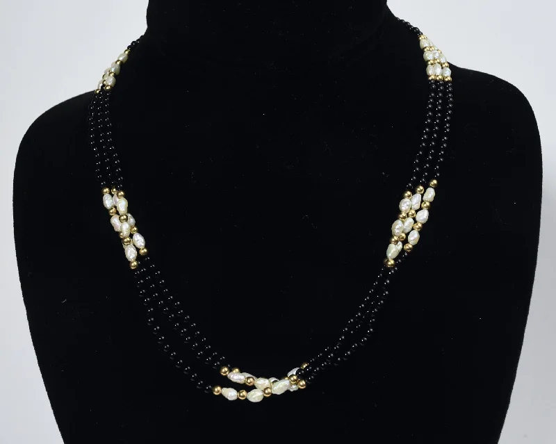 Long Chain Necklace For Fashionable Look-14k Gold, Black Onyx and Freshwater Pearl Triple Strand Necklace