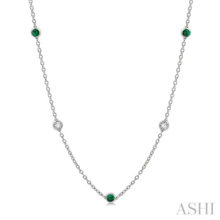 Trendy Layered Gold Necklace For Fashionistas-1/2 ctw Round Cut Diamond and 2.85MM Emerald Precious Station Necklace in 14K White Gold