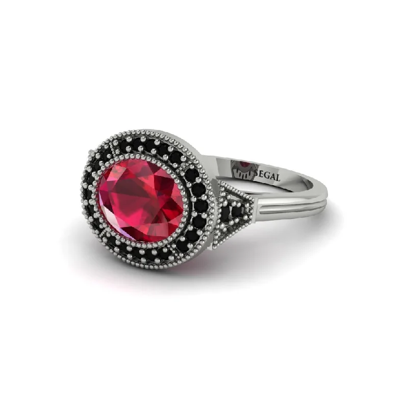 Simple Wedding Rings For Fashion-Forward Brides-Oval Cut Ruby Milgrain Halo Engagement Ring - Alexandria No. 42