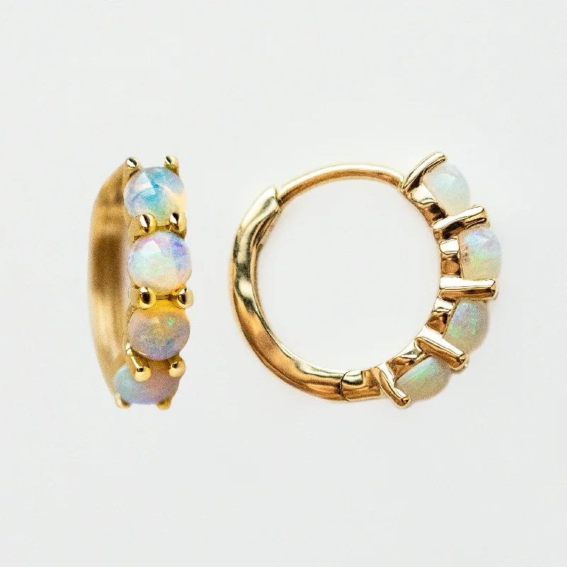 Colorful Earrings With Mixed Gemstones-Solid Gold Australian Opal Huggie Hoops