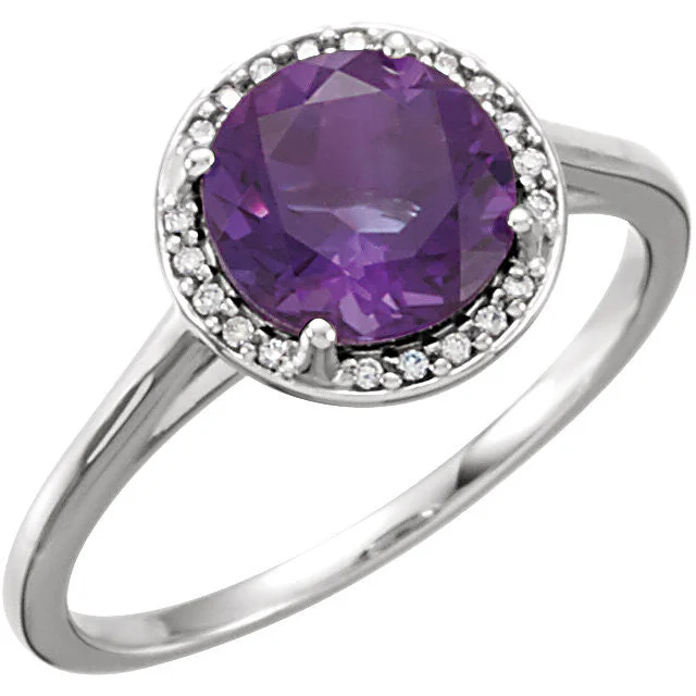 Trendy Wedding Bands For Groomsmen-14k Gold Amethyst and .05CTW Diamond Halo Ring