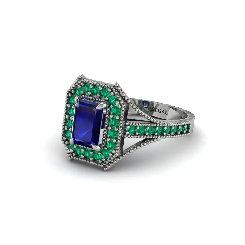 Trendy Gemstone Rings For Engagement Gifts-Emerald Cut Emerald Milgrain Halo Engagement Ring - Xanthe No. 30