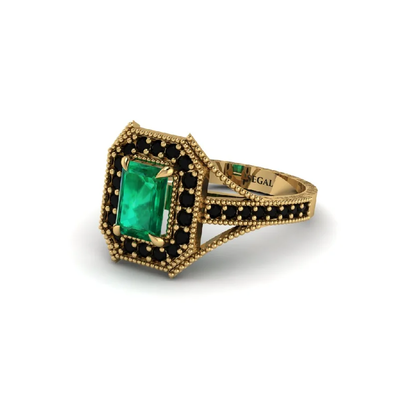 Trendy Wedding Rings With Colored Stones For Brides-Emerald Cut Black Diamond Milgrain Halo Engagement Ring - Xanthe No. 34