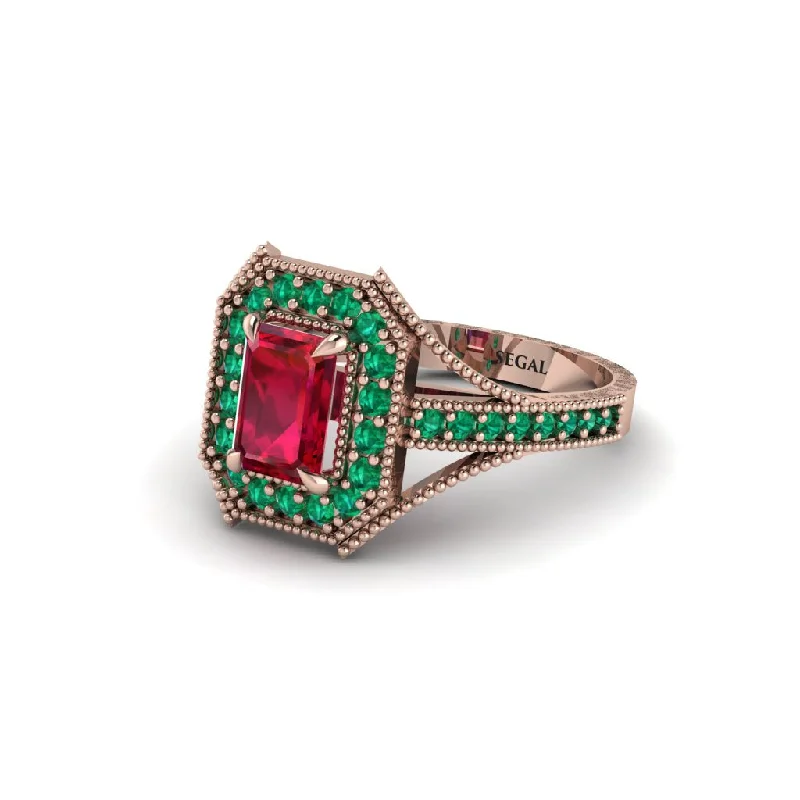 Trendy Silver Rings For Modern Brides-Emerald Cut Emerald Milgrain Halo Engagement Ring - Xanthe No. 26