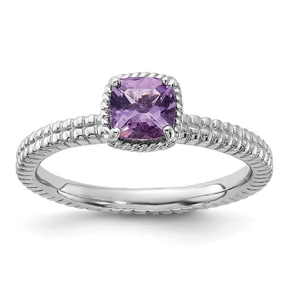 Unique Gold Rings For Anniversary Gifts-Sterling Silver Stackable Expressions Amethyst Cushion Ring