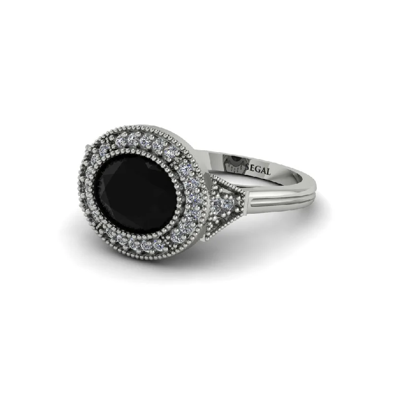 Custom Engagement Rings For Personalized Proposals-Oval Cut Black Diamond Milgrain Halo Engagement Ring - Alexandria No. 9