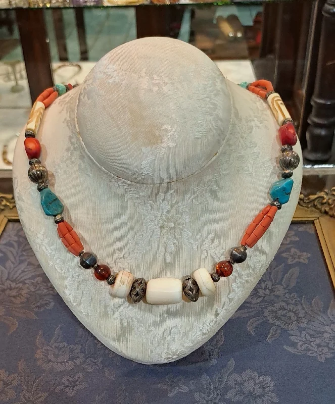 Boho Chain Necklace For Free-Spirited Style-Necklace with Bone Stones amber corals turquoise stones and sterling silver