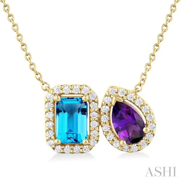 Elegant Long Pendant Necklace For Fashionistas-1/4 ctw Toi Et Moi 7X5MM Emerald Cut Blue Topaz & Pear Cut Amethyst and Round Cut Diamond Necklace in 14K Yellow Gold