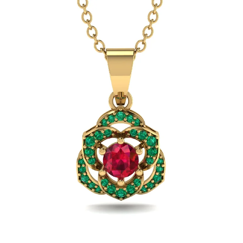 Simple Gold Necklace For Fashionable Look-Golden Rose Blossom Necklace With Exquisite Emerald Detailing - Reign No. 25