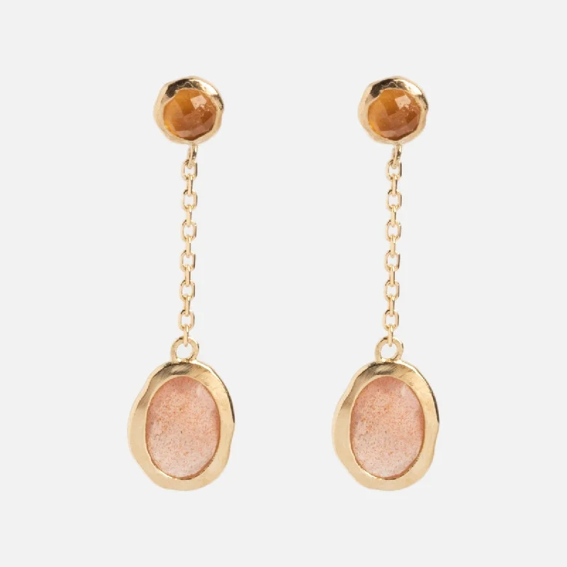 Classic Pearl Earrings For Special Occasions-Solid Gold Orange Garnet and Sunstone Dusk Drop Earrings