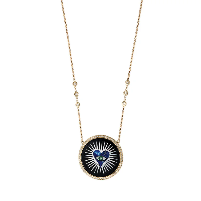 Simple Bar Necklace For Casual Fashion-PAVE ONYX INLAY LAPIS HEART BURST NECKLACE