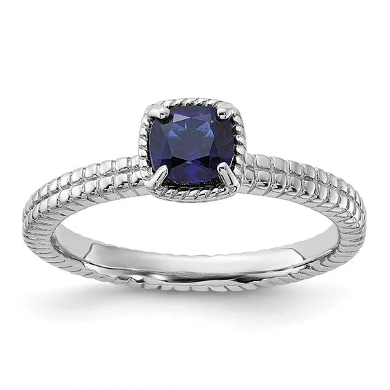 Simple Titanium Rings For Modern Couples-Sterling Silver Stackable Expressions Created Blue Sapphire Cushion Ring