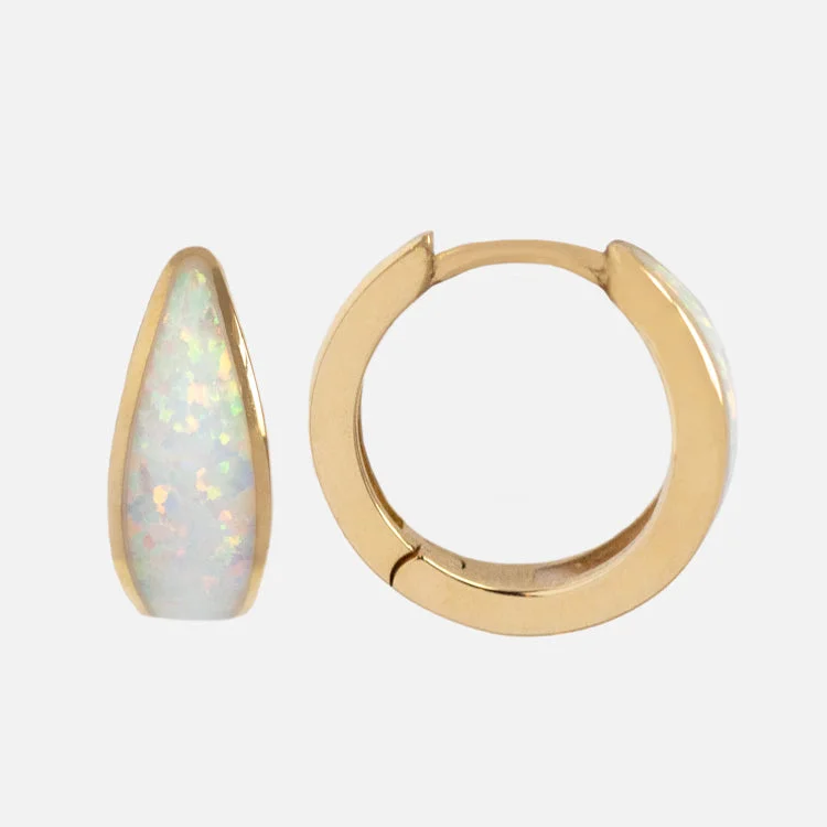 Trendy Earrings For Date Night-Solid Gold Chunky Opal Inlay Huggie Hoops