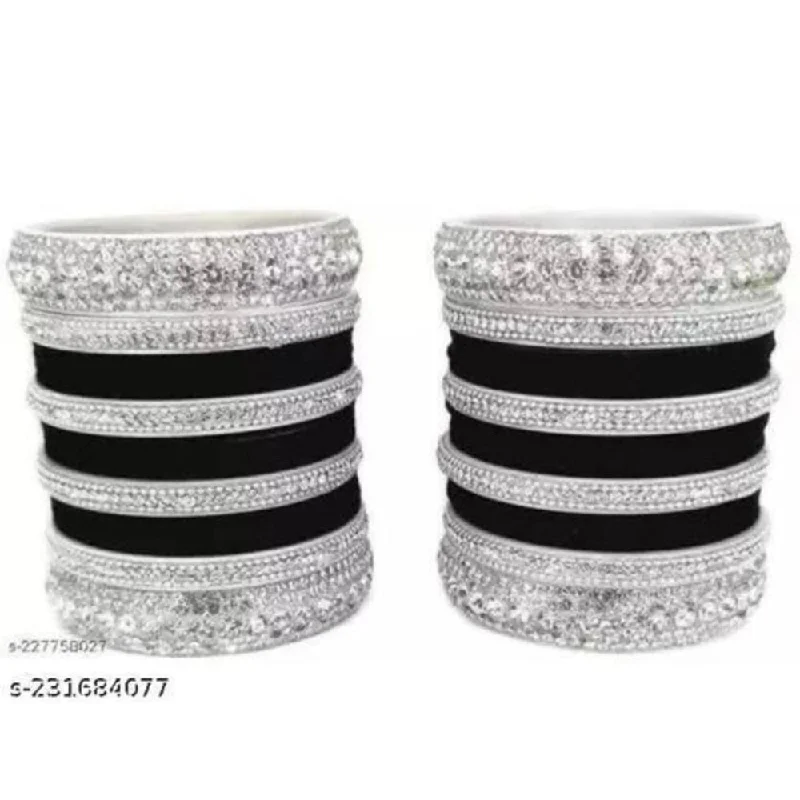 Classic Gemstone Wedding Bangles For Bridesmaids-Pooja Bangles Silver Plated Velvet Bangles Set