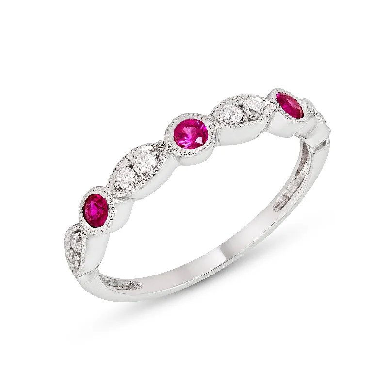 Elegant Diamond Wedding Bands For Brides-14k White or Yellow Gold Ruby & Diamond Anniversary Band