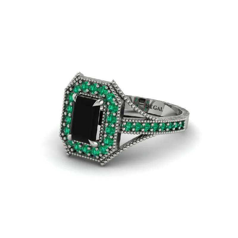 Personalized Custom Rings For Special Occasions-Emerald Cut Emerald Milgrain Halo Engagement Ring - Xanthe No. 24