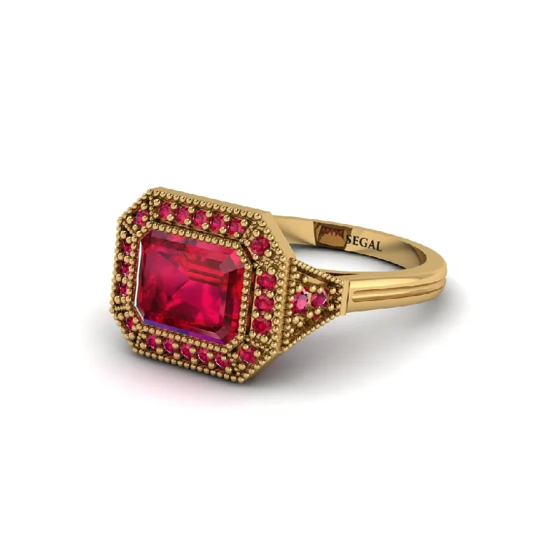 Trendy Engagement Rings With Colored Gemstones-Emerald Cut Ruby Milgrain Halo Engagement Ring - Juniper No. 55