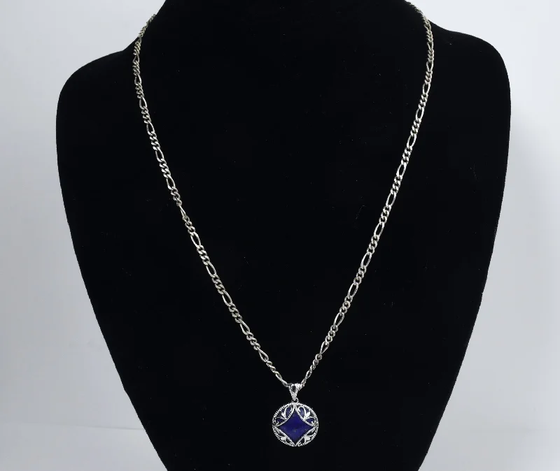 Luxury Gold Necklace For Bridal Jewelry-Sterling Silver Lapis Lazuli Pendant on Sterling Silver Figaro Link Chain Necklace - 20"