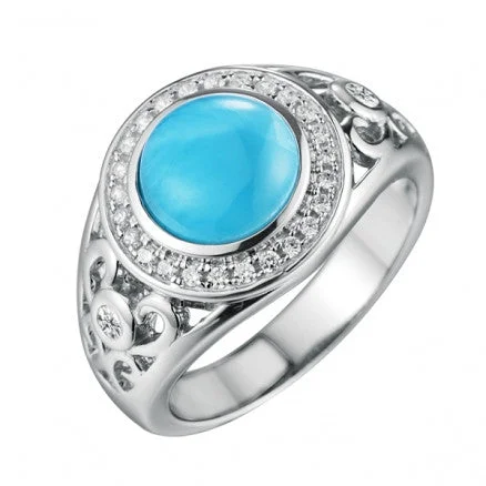 Unique Silver Rings For Engagement-Sterling Silver Alamea Round Larimar CZ Halo Filigree Ring