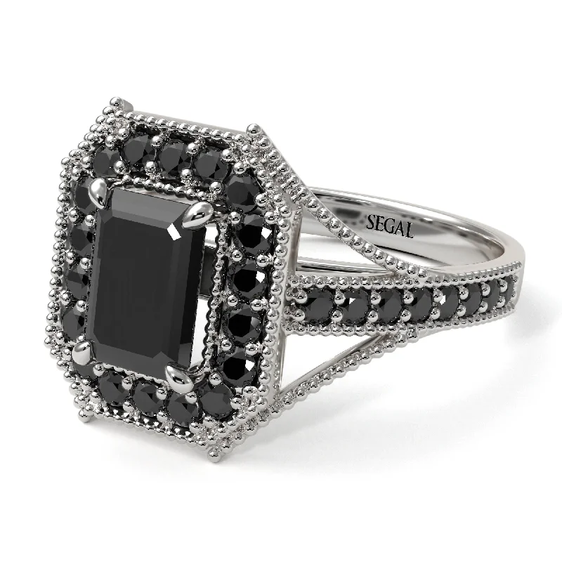 Custom Gold Rings For Personalized Weddings-Emerald Cut Black Diamond Milgrain Halo Engagement Ring - Xanthe No. 39