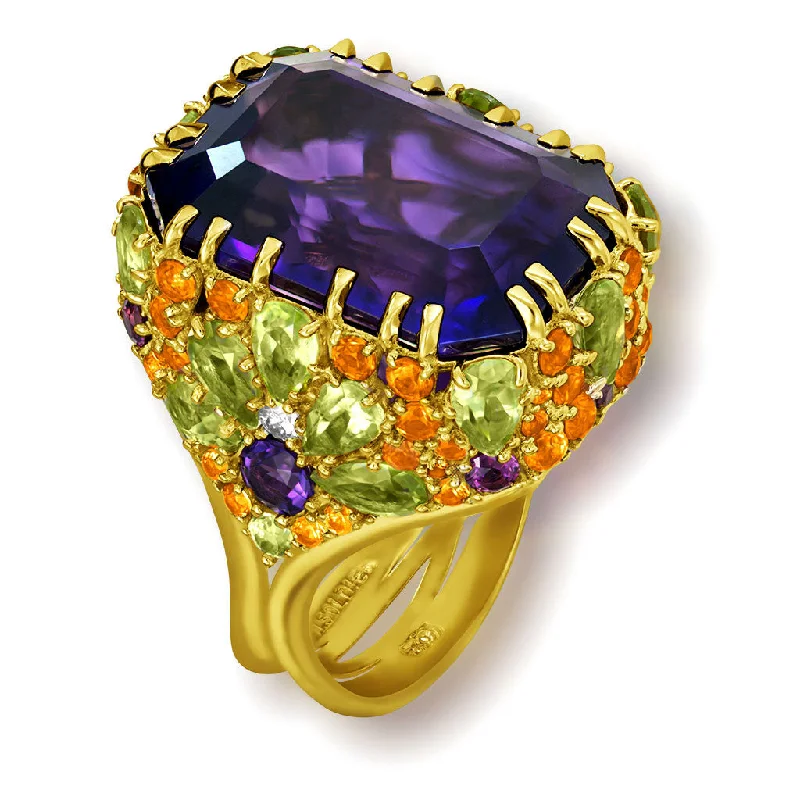 Custom Engagement Rings For Her Birthday-Gold Blossom Ring with Amethyst, Peridot & Diamonds