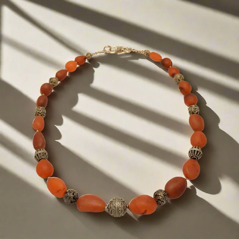 Long Silver Necklace For Casual Look-Necklace with old Carnelian stones & sterling silver elements