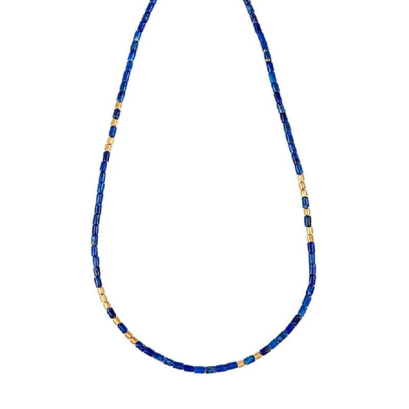 Chunky Statement Necklace For Bold Fashion-18 GOLD BEADS + LAPIS TUBE BEADED NECKLACE