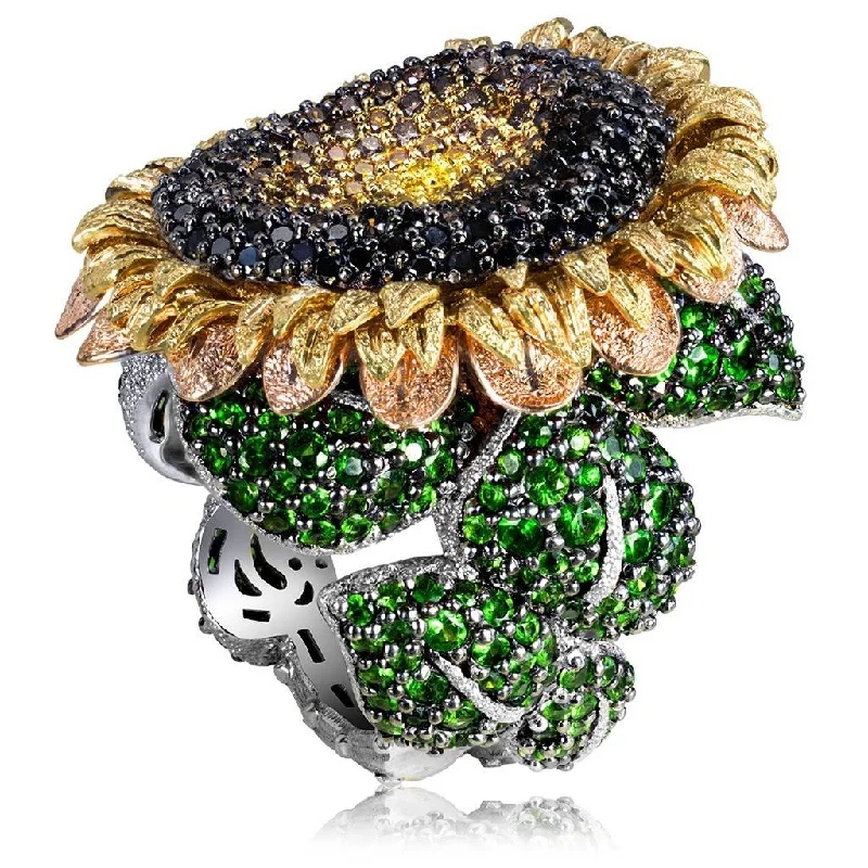 Luxury Diamond Wedding Rings For Brides-Gold Sunflower Ring with Color Diamonds