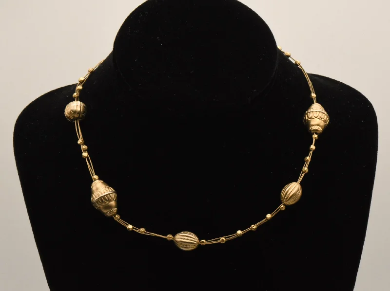 Elegant Long Necklace For Day Wear-Triple Cable Gold Tone Beaded Station Necklace