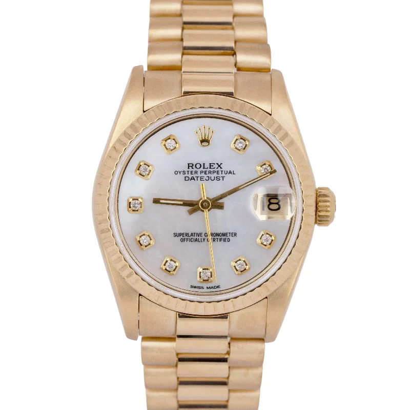 Casual Smart Watches For Women-MINT Rolex DateJust President 31mm MOTHER OF PEARL DIAMOND 18K Gold Fluted 68278