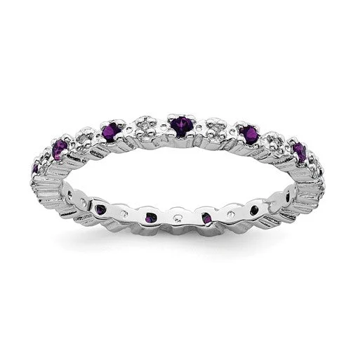 Personalized Couples Rings For Special Gifts-Sterling Silver Stackable Expressions Amethyst & Diamond Alternating Eternity Ring