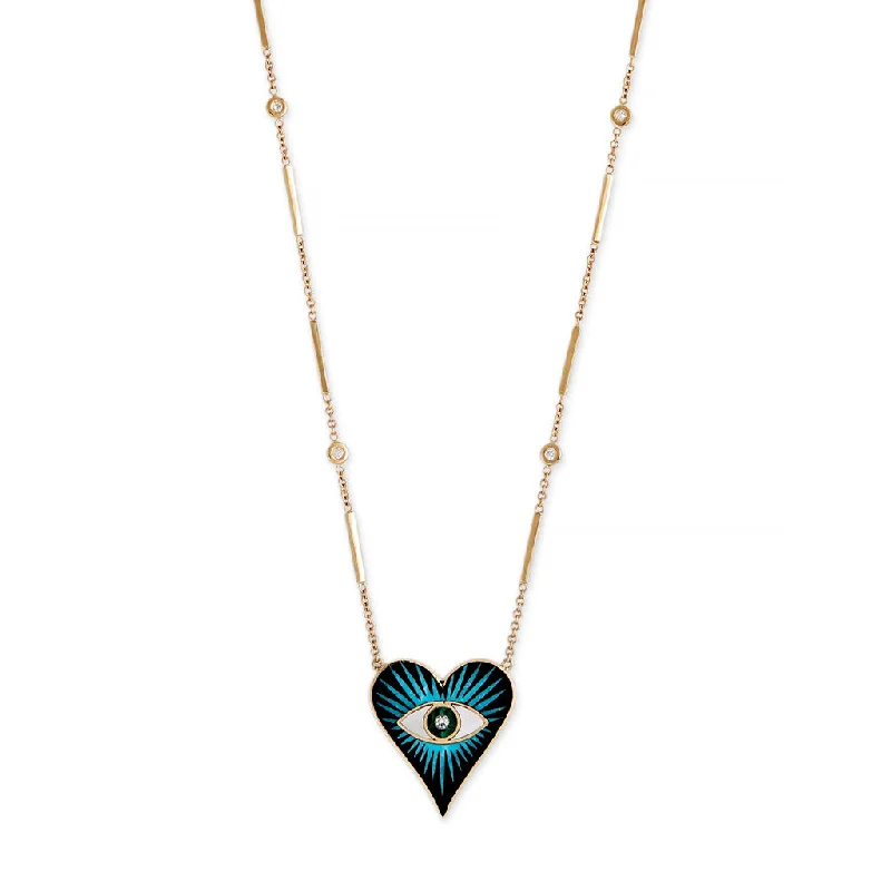 Luxury Gold Necklace For Bridal Wear-SMALL ONYX TURQUOISE MALACHITE INLAY EYE BURST HEART NECKLACE