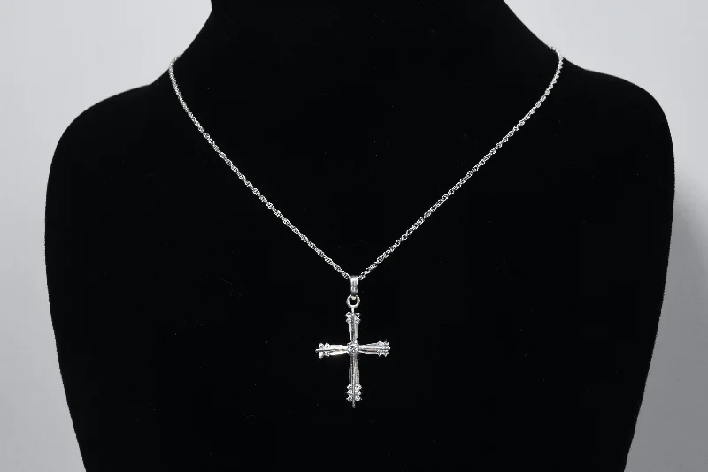 Long Pendant Necklace For Fashionable Look-Sterling Silver Diamond Crucifix on Silver Tone Chain Necklace - 16"