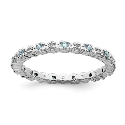 Luxury Wedding Rings For Bridesmaids-Sterling Silver Stackable Expressions Light Aquamarine & Diamond Alternating Eternity Ring