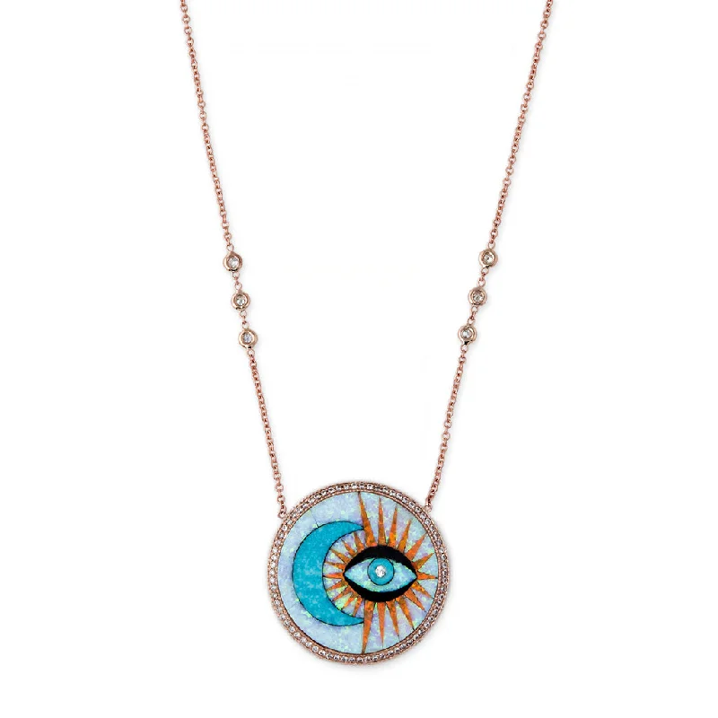 Elegant Sapphire Pendant Necklace For Bridal Look-PAVE TURQUOISE MOON + OPAL EYE BURST INLAY NECKLACE